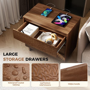 Mesita de Noche Moderna de Madera con 3 Cajones, Puertos USB, Tomas de Corriente, Textura de Hoja en Relieve, Gran Almacenamiento, Mueble para Dormitorio o Sala de Estar - Product Image 6