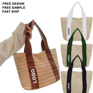 Sac fourre-tout en paille tricotée réutilisable avec logo personnalisé et fermeture à bouton, tendance pour l'été, la plage, les voyages et le shopping - Product Image 1