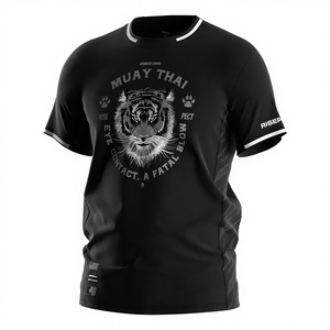 T-shirt de Muay Thai noir de haute qualité, à manches courtes, avec lettres imprimées, séchage rapide, anti-UV, pour arts martiaux, fitness et usage décontracté - Product Image 3