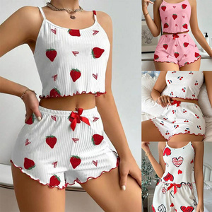 Customize 2pcs Sleepwear Ribbed Cherry and Strawberry Print Nightwear Summer Soft Pajama <strong>Set</strong> Women's Sleepwear Women Sexy Pajama - Product Image 2