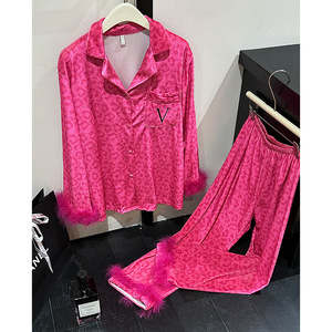 Set Loungewear in Velluto con Decorazioni in Piume e Stampa Leopardata, <span class=keywords><strong>Pigiama</strong></span> di Lusso a Maniche Lunghe per <span class=keywords><strong>Donna</strong></span>, Autunno Inverno - Product Image 3