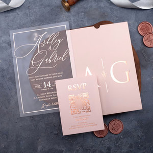 Juego de Invitaciones de Boda de Acrílico Color Oro Rosa de Lujo con Tarjeta RSVP con Código QR, Sobre Color Rosa Empolvado y Sello de Cera Premium - Product Image 4