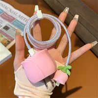 Korean Kawaii Cute 3D Pink Purple Tulip USB Charger Data Protection Case pour Apple 18W 20W Made Durable Silicone Spiral Charger