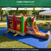 Structure gonflable avec toboggan, thème bande dessinée, écologique, garantie 3 ans, couleur et logo personnalisables, location pour fêtes d'enfants, usage commercial