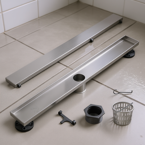 Desagüe de ducha lineal rectangular de 24 pulgadas de acero inoxidable 304 cepillado con patas niveladoras y filtro para el cabello para el suelo de la ducha - Product Image 2