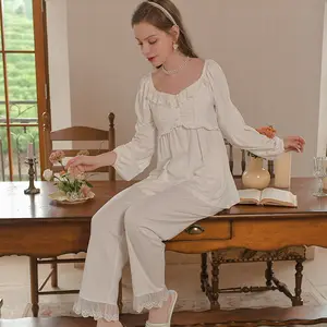 Yeni fransız prenses tarzı pijama bayan sonbahar uzun kollu pantsuit vintage tatlı dantel dantel kız ev giyim
