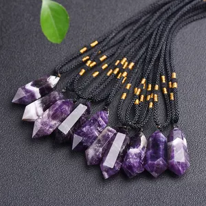 天然水晶紫水晶点吊坠能量柱愈合宝石吊坠项链魔杖点项链饰品