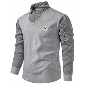 Maglione foderato in pile con risvolto a righe a maniche lunghe con scollo a V in maglia spessa maglia Pullover Casual da uomo maglione <span class=keywords><strong>Polo</strong></span> Top - Product Image 4