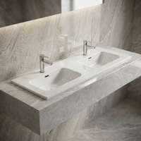 Lavabo double rectangulaire moderne en céramique, facile à nettoyer, avec accessoire de vidange à montage monotrou pour villa et appartement