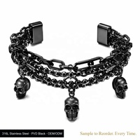 Bracelet manchette personnalisé gothique à triple chaîne avec breloque tête de mort en acier inoxydable 316L PVD noir, lourd, pour hommes et femmes, OEM ODM en gros