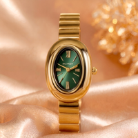 Montre-bracelet de luxe ovale dorée pour femme à quartz, bracelet en métal poli lisse, cadran simple à chiffres romains, pour le quotidien et les soirées