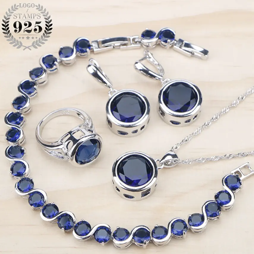 Conjuntos de joyería de plata para mujer, anillos de circonia cúbica azul/pulseras/pendientes/COLLAR COLGANTE, caja de regalo gratis
