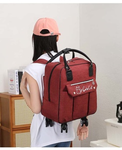 Cute Cat Printed Red Oxford <b>Backpack</b> <b>With</b> <b>Wheels</b> Adjustable Strap Large Capacity Zipper Closure Female Style - Product Image 1