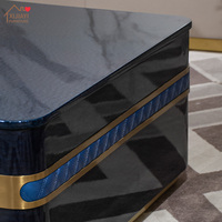 Meja Kopi Mewah Italia Modern Warna Biru Piano Lacquer Berlapis Cermin Rangka Kayu Penyimpanan 4 Laci Inlay Logam Perabot Ruang Tamu