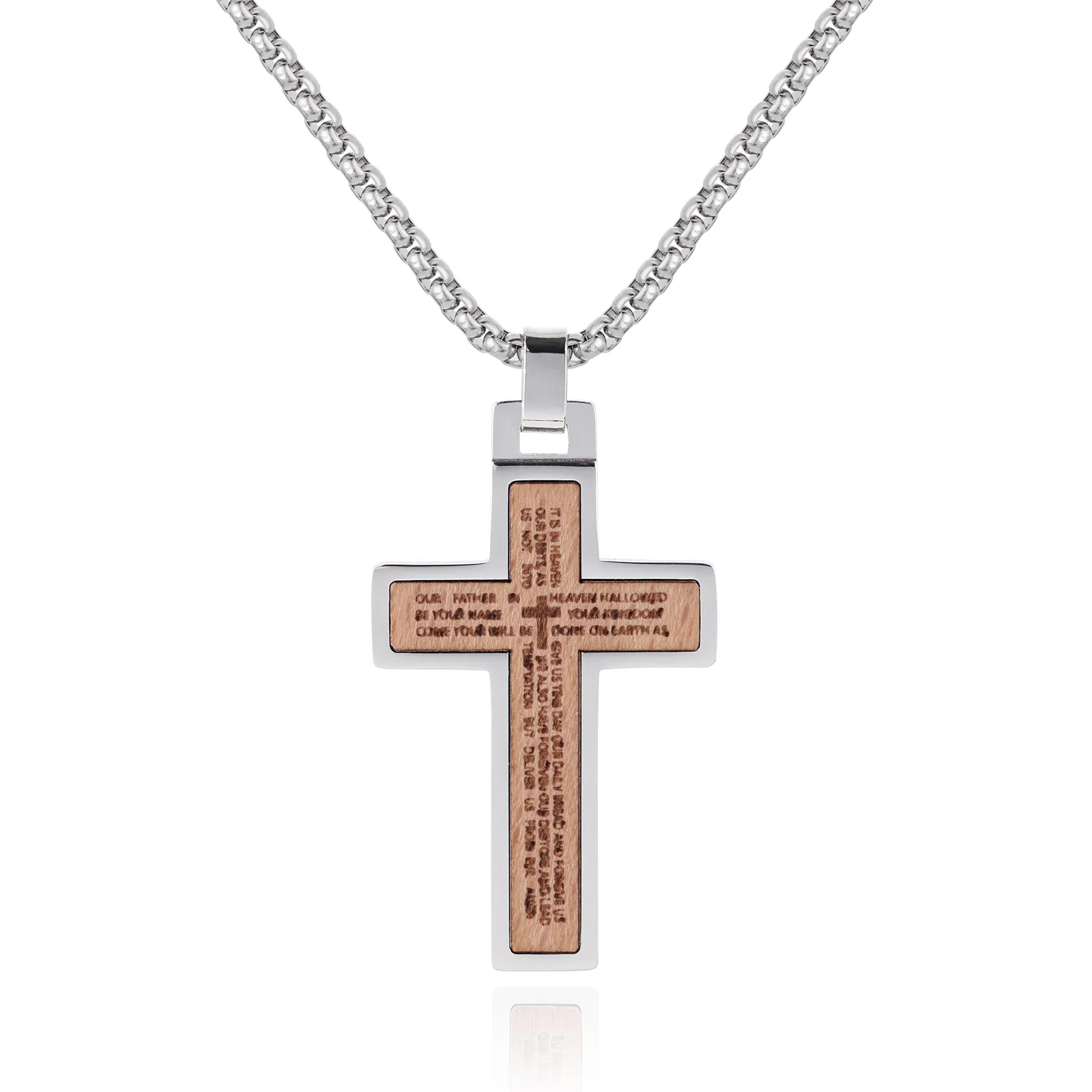 Bijoux fantaisie chrétien en bois jésus bois en acier inoxydable croix hommes pierres avec pendentif en bois mot collier avec mots
