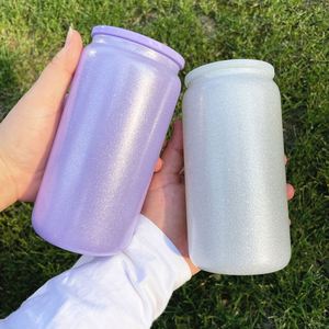 Mug en verre en forme de canette de bière ou de soda de 16 oz, vierge pour sublimation, avec couvercle et paille en plastique colorés, finition poudrée à paillettes, pour le bricolage - Product Image 5