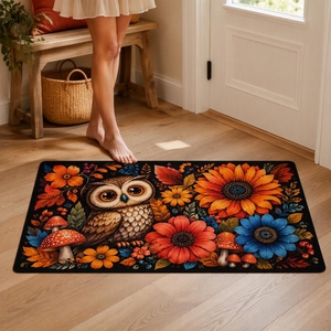 Verspielte Eule Sonnenblume Pilz Herbstlaub Dunkler Kunstvelours Modernes Maschinengefertigtes Tierdruckmuster Polyester Waschbar Schalldämmend - Product Image 3