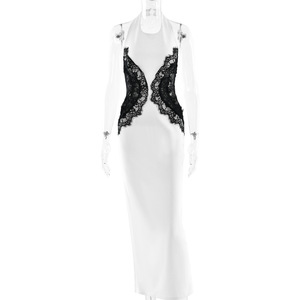 Vestido Halter sin Mangas Estilo Europeo Americano para Mujer, con Encaje y Parches, Espalda Descubierta, Vestido de Noche, Cintura Natural, Ropa Casual - Product Image 5