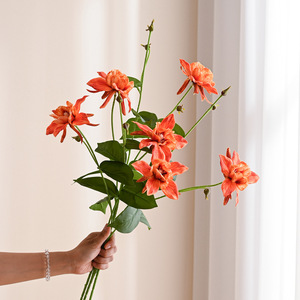 Fleurs artificielles de clematis, arrangement floral en soie orange à 5 têtes, pour décoration de mariage, décoration intérieure, accessoires de décoration douce - Product Image 5