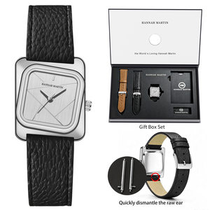 Montre-bracelet à quartz carrée pour femme avec logo personnalisé, bracelet en cuir véritable, coffret cadeau, montre minimaliste tendance pour femme - Product Image 4