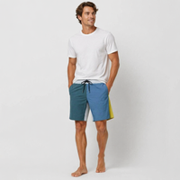 Shorts de bain pour hommes personnalisés avec étiquettes imprimées, design recyclé, coupe ample, taille fixe, fermeture à lacets, doublure en maille, poche zippée