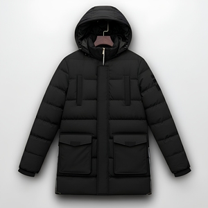 Veste matelassée à capuche noire pour homme, longue, rembourrée de duvet, coupe-vent, fermeture éclair, vêtement d'hiver décontracté, couleur unie, coupe classique - Product Image 1