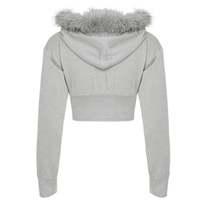 Sudadera Corta de Invierno para Mujer, con Cierre Completo, Tejida, Transpirable, Cortavientos, con Capucha, Control de Abdomen, Ribete de Piel Sintética y Bolsillos - Product Image 6