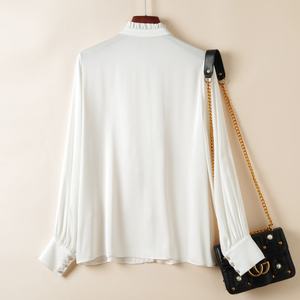 Camisa de seda de manga larga para mujer, blusa de moda con cuello con volantes y frente - Product Image 2