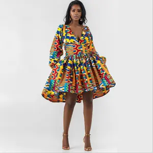H & D New Style African Women Wax cloth Short Skirt Long Sleeve Clothing Ladies Traditional Wax Print Dress For Summer