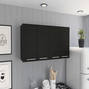 Armario de Pared Rectangular con Cuatro Puertas Batientes para Cocina, <span class=keywords><strong>Color</strong></span> <span class=keywords><strong>Wenge</strong></span>, Almacenamiento Superior con Estantes Ajustables - Product Image 1