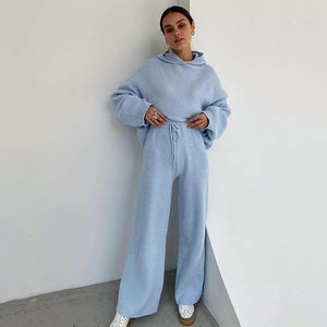 Damen-Hose mit weitem Bein und langärm liger, einfarbiger, warmer Pullover, gestricktes zweiteiliges Sportswear-Set für Winter jogging - Product Image 1