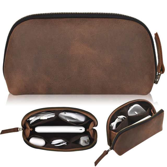 Vintage Travel Charger Storage Pouch Factory Custom Crazy Horse Leather Zipper Phone Accessory Pouch Electronic Organizer Bag