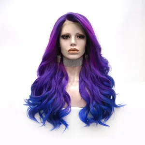 名人假发Cosplay短卷发染蓝紫色自然色日常生活穿着哑光纤维合成蕾丝前假发