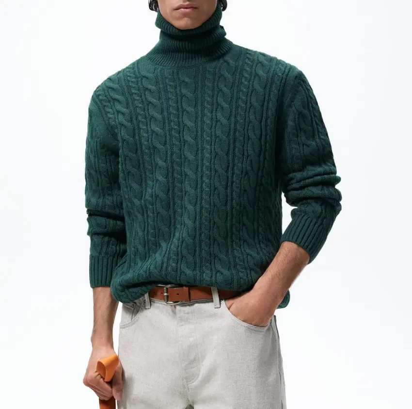 Custom Winter Stranded Grainy Knit Sweater Long Sleeve Men's Turtleneck Sweater