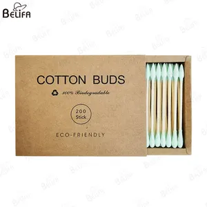 Kustom oem ramah lingkungan biodegradable 200 buah/kotak q tips busa tongkat pembersih kepala ganda bambu organik kayu kapas penyeka