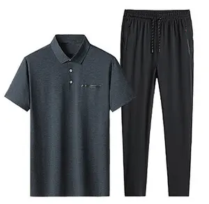 wholesale custom male polyester spandex tracksuit casual solid short sleeve polo shirt elastic waist pants 2 pieces set