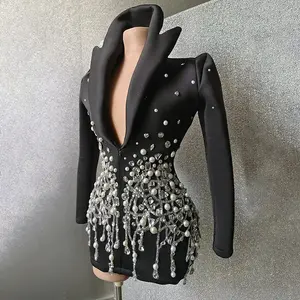 Pha Lê Áo De Soiree Cao Cổ Lấp Lánh Tinh Thể Buổi Tối Dresses Với Vai Pad Mini Sexy Dresses Phụ Nữ Câu Lạc Bộ Đêm