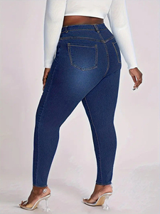 Pantalon en <span class=keywords><strong>Jean</strong></span> Extensible Bleu Foncé pour Femmes Rondes, <span class=keywords><strong>Jean</strong></span> Crayon Couleur Unie Coupe Slim Lavé pour Maman - Product Image 3