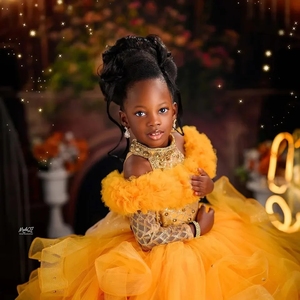 Abito da cerimonia dorato a collo alto per bambine, personalizzabile, grazioso vestito da festa per bambine, abito da concorso per servizi fotografici - Product Image 2