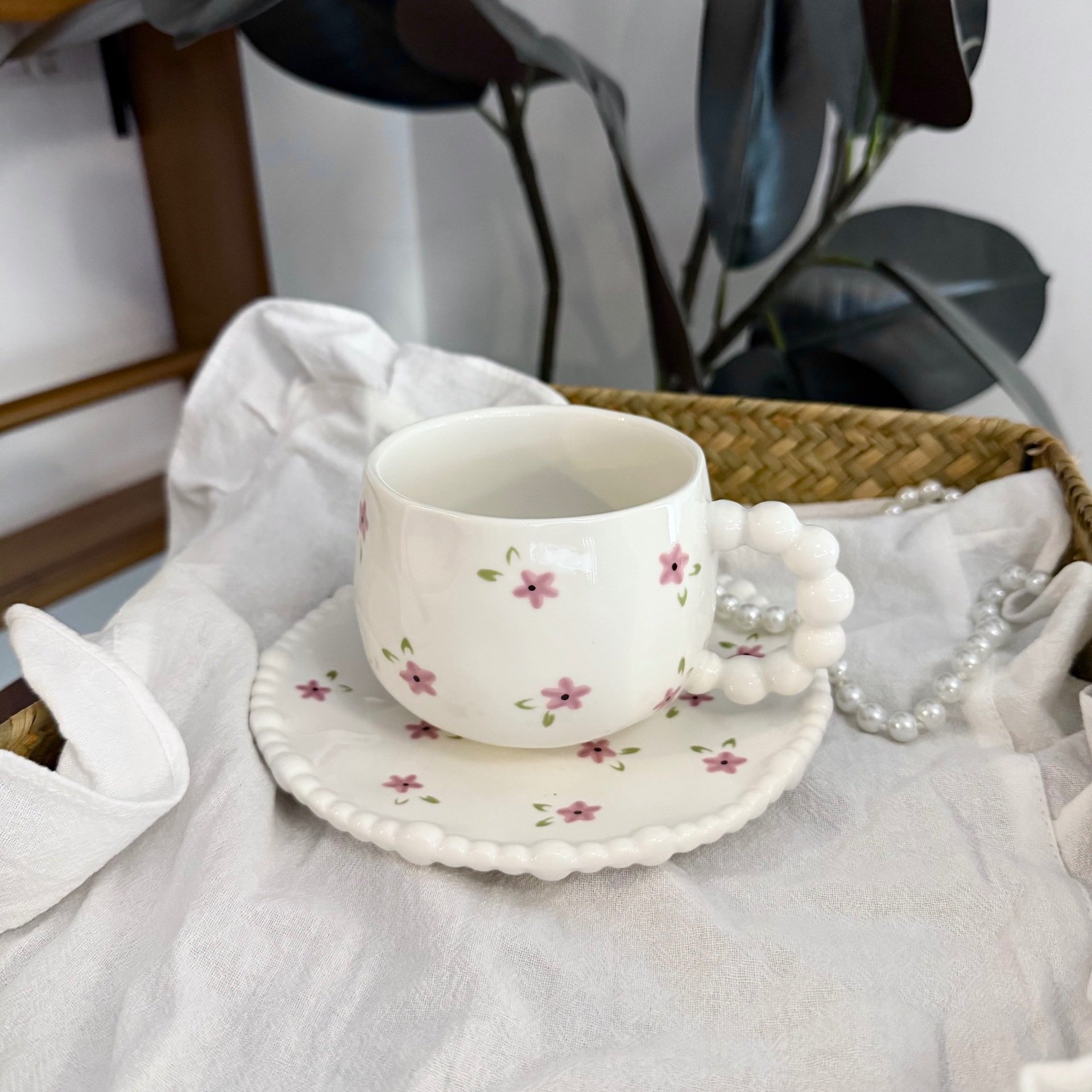 Tazza floreale viola 320ml + piattino 16cm