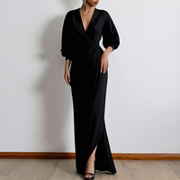 Nouvelles Arrivées Robe Longue Femme Couleur Unie Col V Manches Lanterne Fendue sur le Côté avec Poches Élégante Décontractée Quotidienne pour Dames