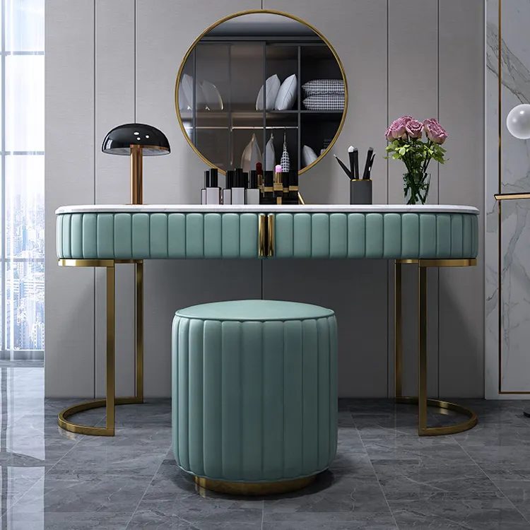 नॉर्डिक शैली आधुनिक सौंदर्य स्टेनलेस स्टील पैर ड्रेसिंग रूम बेडरूम फर्नीचर मेकअप वैनिटी मिरर ड्रेसिंग टेबल स्टूल के साथ