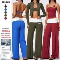 Ensemble de sport pour femme personnalisé, doux comme du beurre, avec blocs de couleur, comprenant un soutien-gorge, une veste à manches longues et un pantalon large, pour la gym, l'entraînement, le fitness, le yoga et le pilates