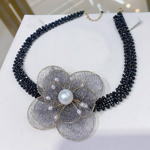 Handmade Mesh Lace Flower Pearl <b>Choker</b>, Italian Lace Craft, Imported 14K Gold Filled, Natural Freshwater Pearl & Black Spinel - Product Image 1