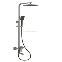 Système de douche apparent gris anthracite avec mitigeur simple en laiton, valve céramique Wanshai, pommeau de douche carré effet pluie, douchette à main, bec de baignoire et fonction massage