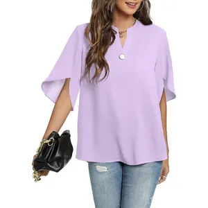 Women's 3/4 Bell Sleeve V Neck Tunic Blouse Loose Casual Chiffon Tops