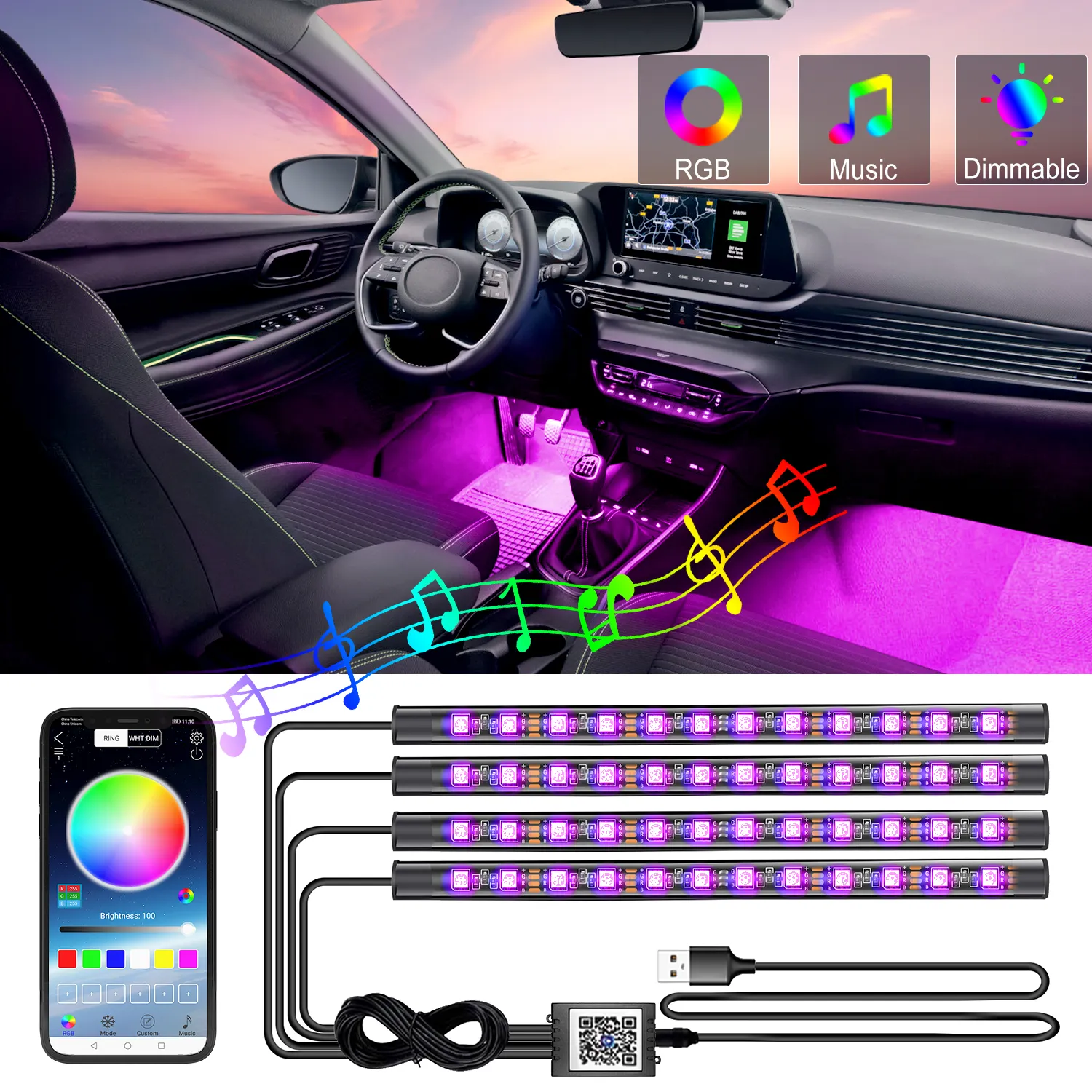 Hot sale RGB Interior Car Strip Lights with USB charger Atmosphere Car Lights With APP Music Wireless Remote Control DC6V