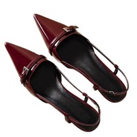 Sandales à talon chaton formelles pour femmes, à bout pointu, en PU, avec logo personnalisé, à enfiler, avec boucle, doublure en peau de porc bicolore, rouge/noir, vente en gros pour femmes