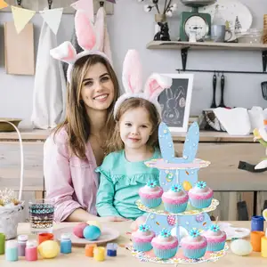 Suporte ecológico descartável para cupcake de Páscoa, suporte de 3 camadas para cupcake, decoração de coelho, torre de exibição de sobremesas