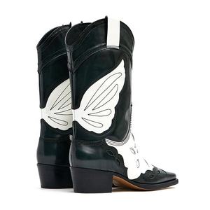 Nuova Tendenza Stivali da Cowboy da Donna in <span class=keywords><strong>Pelle</strong></span> Bicolore Ricamati Nero e Bianco - Product Image 5